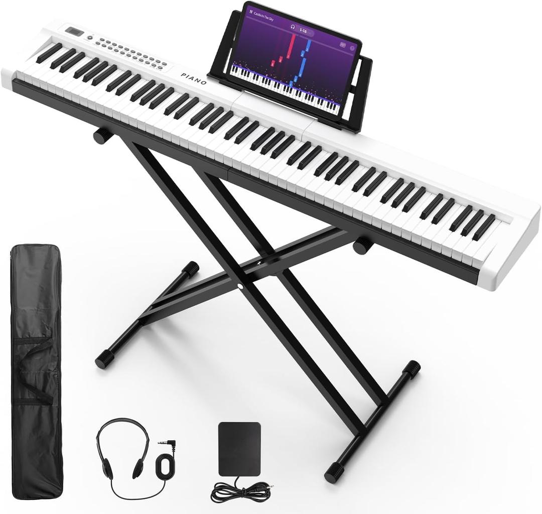 Digital Piano 88 Key Full Size Semi Weighted Electronic Keyboard Piano Set with Stand,Built-In Speakers,Electric Piano Keyboard with Sustain Pedal,Bluetooth,MIDI/USB/MP3 for Beginners Adults-A1 (White)