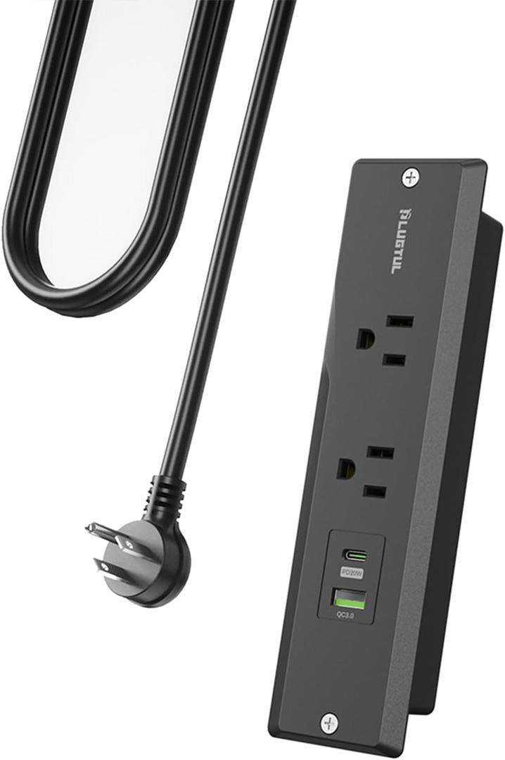 PLUGTUL Recessed Power Strip, 10 FT, PD 20W Fast Charging, Flat Plug, Black, Plastic & Rubber, 2 AC Outlets, 1 USB-C PD20W, 1 USB-A, 10A, 1250W, ETL Listed, Indoor Use