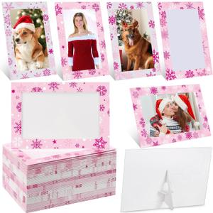 Qunclay 50 Pcs Christmas Picture Frame Ornaments 4x6 Paper Photo Frames Bulk with Stand Cardboard Tabletop Picture Frames Ornament for DIY Crafts Xmas Tree Hanging Decor (Pink,Snowflake Style)