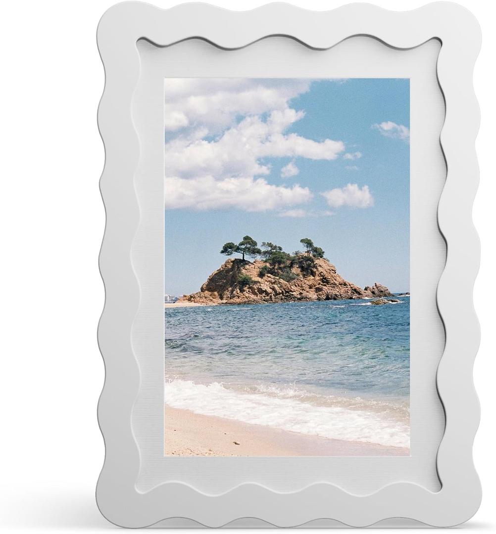 5x7 Picture Frame with Mat for 4x6, Wavy Edge Wooden Real Glass Photo Frame for Tabletop and Wall Hanging, White, 1 Pack