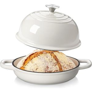 Velaze Enameled Cast Iron Dutch Oven for Bread Baking,5 QT Round Bread Oven Pot with Dome Lid for Sourdough, Roasting,Braising(White)