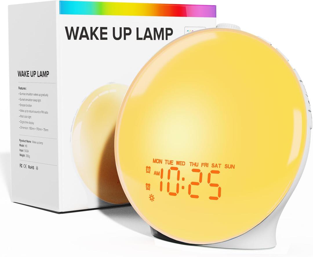 Wake Up Light Sunrise Alarm Clock for Bedroom, with 5W Stereo Bluetooth Speaker, Sunrise Simulation, SleepTimer, Dual Alarms, FM Radio, 17 Colors, 25 Soothing Sounds, Ideal Gift for Baby, Kids, Adults