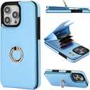 Folosu Compatible with iPhone 16 Pro Max Case Wallet with Card Holder, 360°Rotation Finger Ring Holder Kickstand, RFID Blocking Leather Protective Double Buttons Shockproof Cover 6.9 Inch Blue