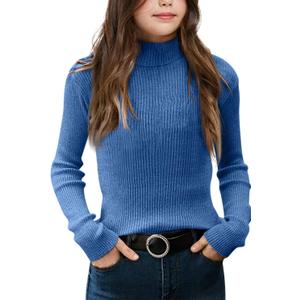 Girls Sweaters Kids Long Sleeve Turtleneck Pullover Jumper Tops (Blue)
