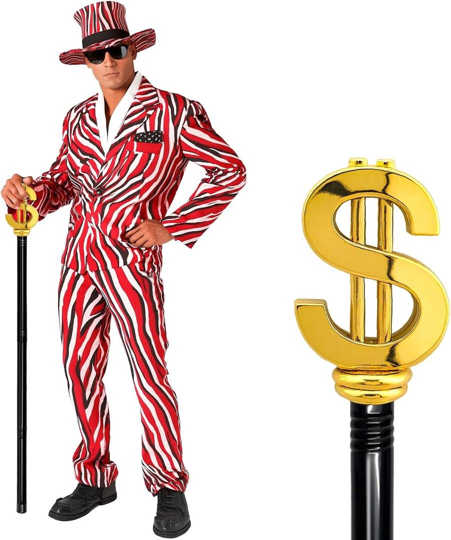 42" Metal Pimp Cane with Sparkling $ Plastic Handle, Premium Walking Stick for Gangster Wizard & LadyBoss Costumes Vintage Cane Cosplay Accessories for Halloween Dress-up & Dramatic Stage Shows
