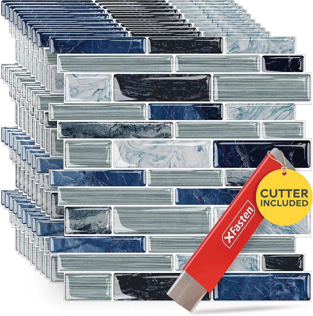XFasten Peel and Stick Backsplash for Kitchen 10pcs 12 x 12 w/Mini Cutter Blue and Stick Tiles Self Adhesive Tile for Kitchen