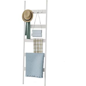 Blanket Ladder, 5-Tier Towel Holder with 4 Removable Hooks, Farmhouse Wall Leaning Decorative Rack Shelf, Wooden Towel Display Rack, Quilt Ladder for Living Room, Bedroom, White