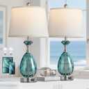 Coastal Glass Table Lamps Set of 2, 3-Way Dimmable Touch Control Nautical Lamp with USB A+C Ports,Bedside Lamp Beach Decor,Nightstand Lamp with White Shade for Living Room Bedroom(LED Bulbs Included) (Blue)