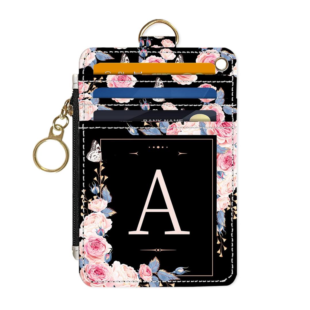 Slim Wallet Credit Card Holder, Initial Letter Y, RFID Wallet Women Cute Small Front Pocket with Zipper, PU Leather Thin Travel RFID Blocking Card Case ID Window,Ladies Gifts