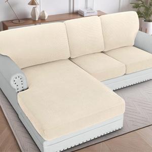H.VERSAILTEX Sectional Couch Covers 3 Pieces Sofa Seat Cushion Covers L Shape Separate Cushion Couch Chaise Cover for Both Left/Right Sectional Couch (Seat Only: 1 Chaise + 2 Sofa, Cream)
