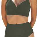 Buauty Bikini Swimsuits for Women Two Piece Cross V Neck High Waisted Ruched Tummy Control Bathing Suit XXL