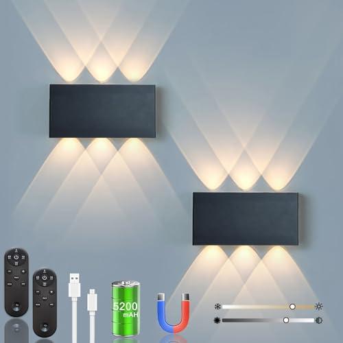 Shelprojsu LED Cordless Wall Sconce Set of 2, 5200mAh Rechargeable Battery Operated Wall Lamp with Remote Control, 3 Colors and Dimmable Magnetic Wireless Wall Light (Black, 2 PCS)