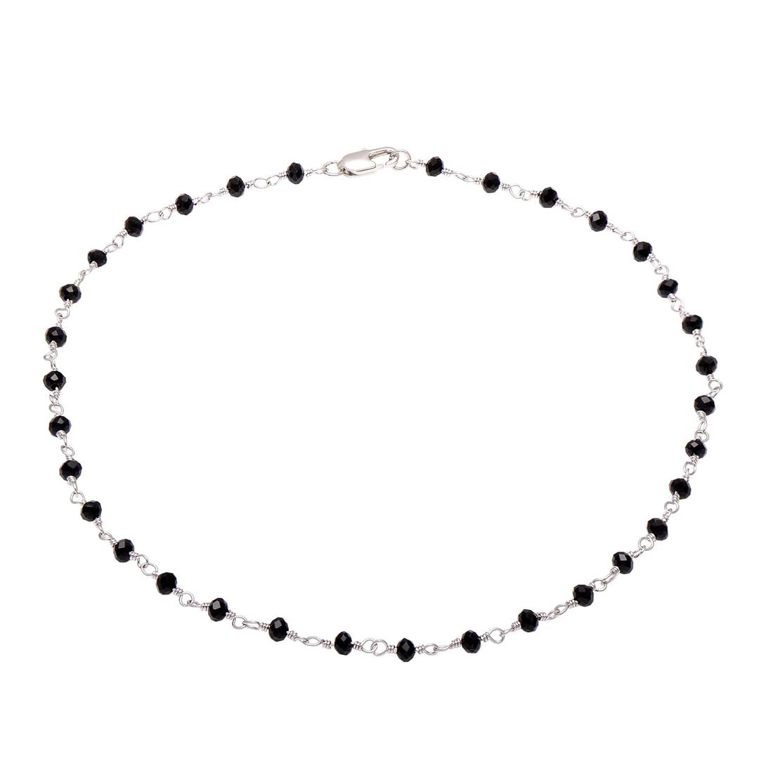 Black Beads Wrapped Silvery Wire Chain Necklace Choker for Women, 15 Inches (White Gold)