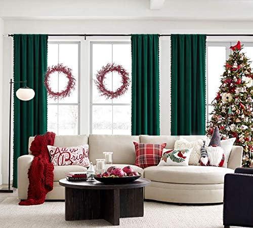 Christmas Green Velvet Curtains for Living Room 63" Pom Pom Room Darkening, 42"W x 63"L