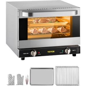 VEVOR Commercial Convection Oven, 21L/19Qt, Quarter-Size Conventional Oven Countertop, 1440W 3-Tier Toaster w/Front Glass Door, Electric Baking Oven w/Trays Wire Racks Clip Gloves, 120V