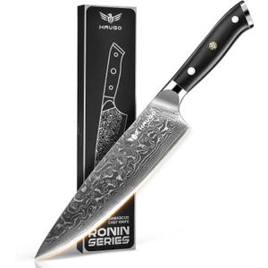 Haugo Damascus Chef Knife - 8 Inch Kitchen Knife with Japanese VG10 Steel Core - Full Tang Handle - Ultra Sharp Professional Cooking Knife - Ronin Series - Gift Box