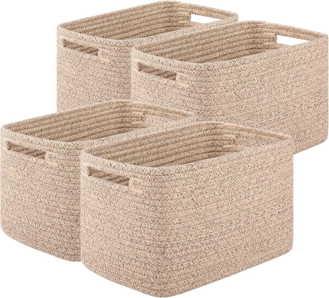 OIASKET Storage Baskets for Organizing, Woven Decorative Baskets for Shelves - Books, Towels, and Clothes, Cotton Rope Toy Storage Bins, 12.7''Lx9''Wx7.8''H, Pack of 4, Brown