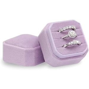 BLUTETE Square Octagon Ring Box 3 Slots Wedding Engagement Ring Set Keepsake Box Bridal Photo Gift Box (Lavender)