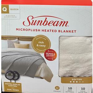 Sunbeam Microplush Electric Heated Blanket with Preheat Feature Two Digital Controller 10-Heat Settings Auto Shut-Off, UL Certified for Safety, Ivory Beige