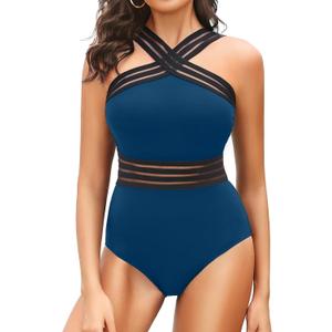 Tempt Me Women Crisscross One Piece Swimsuit Tummy Control Bathing Suit Front Crossover Swimwear M (Indigo)