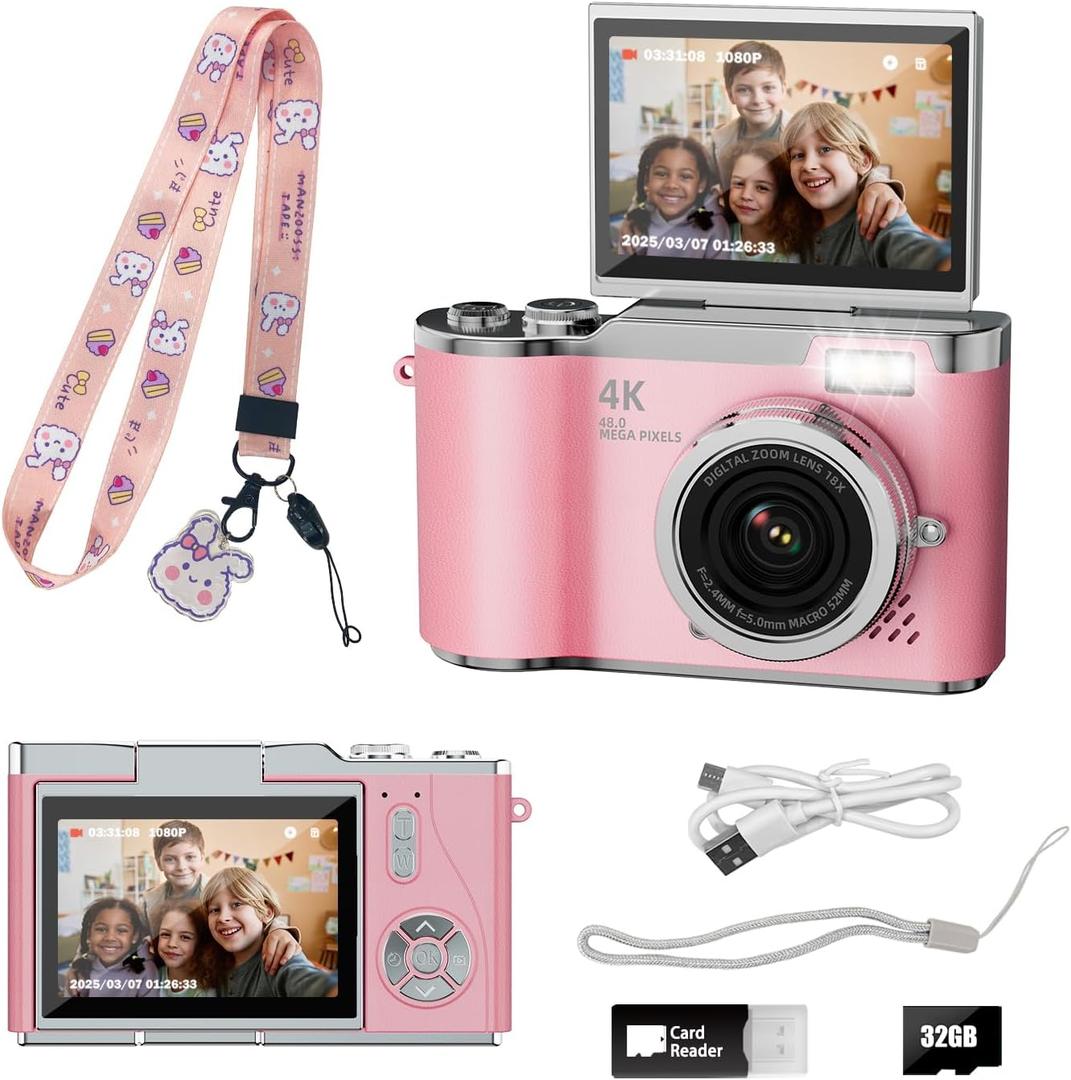 Kids Camera,4K Digital Camera for Photography,48MP 1080P HD Video Selfie Camera,with 180 Flip Screen Flash,with 32GB SD Card,for Starter Kid Children Teen Student Girl Boy(Pink)