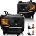 Headlight Assembly Compatible with GMC Sierra 2014-2018 1500 | 2015-2019 2500HD/3500HD Base/Denali/SLE/SLT, Halogen Headlamp Replacement W/O LED DRL, With Bulbs, Black Housing Amber Reflector