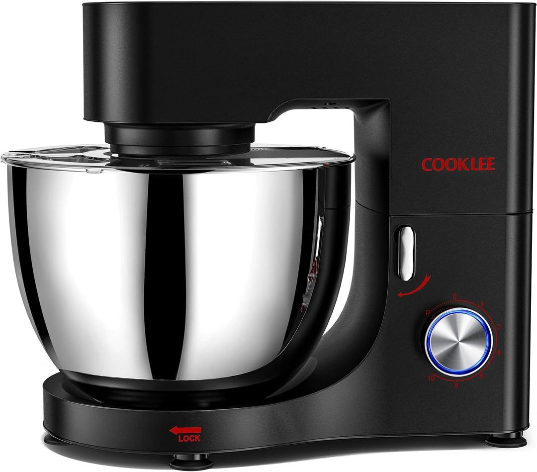 COOKLEE Stand Mixer, 9.5 Qt. 660W 10-Speed Electric Kitchen Mixer with Dishwasher-Safe Dough Hooks, Flat Beaters, Wire Whip & Pouring Shield Attachments for Most Home Cooks, Silver (Black)