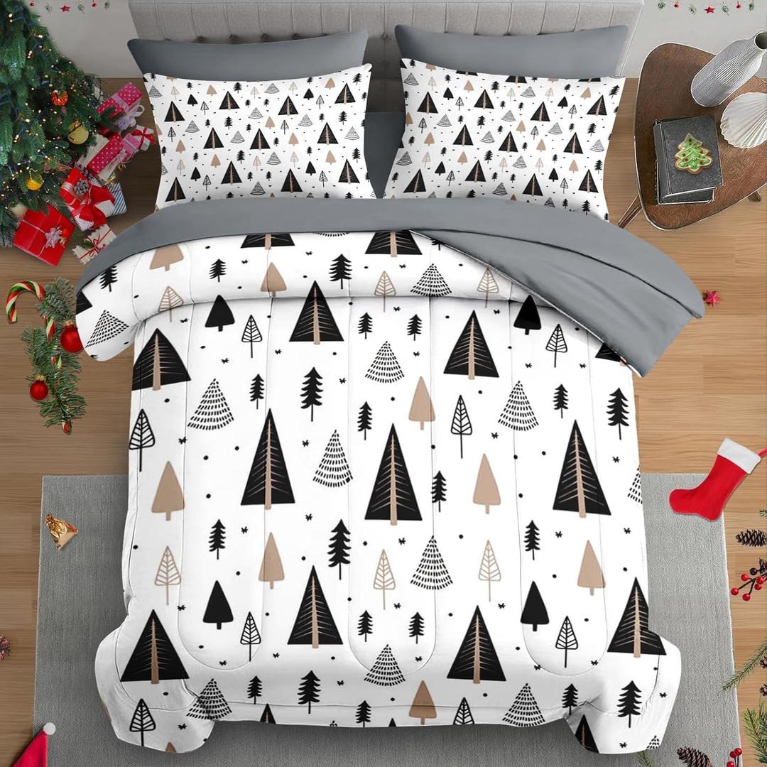 Christmas 7 Pcs Comforter Set Queen Size, Christmas Winter Bedding for Kids and Adults, Cute Tree Happy Bed Sheet Sets with Fitted Sheet 2 Pillowcases & 2 Shams for Bedroom Bed Decor
