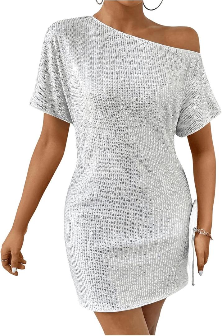 Floerns Women's Sparkly Sequin Dolman Sleeve Party Dress Asymmetrical Neck Bodycon Dress (White)