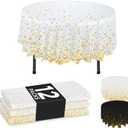 NORZEE 12-Pack White Disposable Plastic Tablecloths, 84" Plastic Table Cloth, Round Table Cover Gold CONFETY (12, White Gold)
