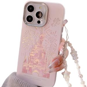 Casechics Compatible with iPhone Case,Cute Laser Glitter Bling Sparkly Castle Wristband Strap Bracelet Chain[Military Drop & Full Body Protection] Shockproof Cover Phone Case (Pink,iPhone 15)
