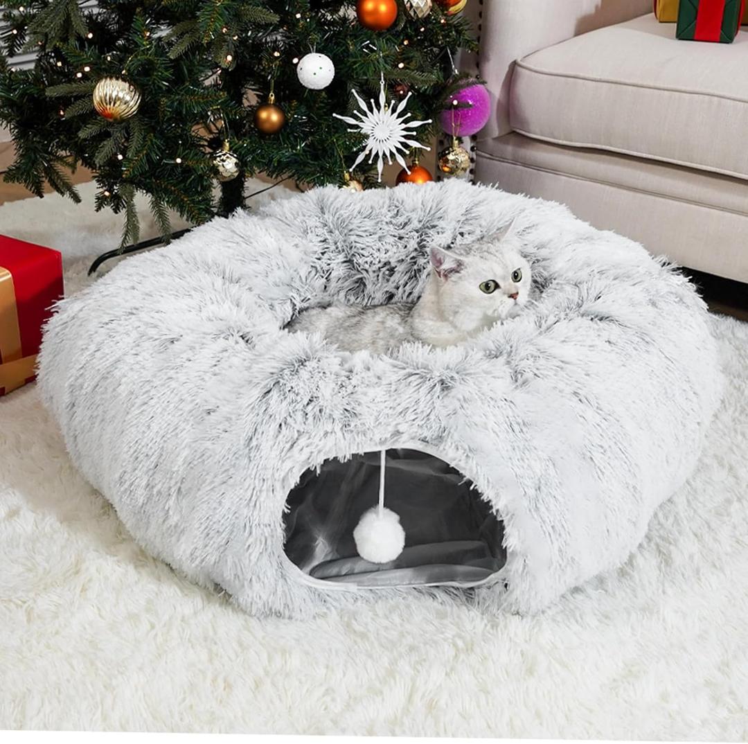 LVUVXVAV Cat Tunnel Bed for Indoor Cats, Under Christmas Tree Skirt, Donut Tunnel Toys for Multiple & Large Cats, Bed Cave Hideaway for Kitten, Rabbit, Puppy, Gray (XL)