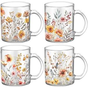 Tioncy 4 Pcs Fall Floral Coffee Mugs 12 oz Flower Glass Cups with Handle Thanksgiving Floral Coffee Cup Autumn Mug Sweet Fall Gifts Drinking Containers for Harvest Holiday Party (Wildflower) 1 Cup Is Broken