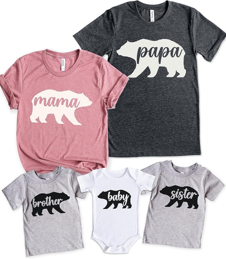 Teeny Fox Mama Bear Papa Sister Brother Baby Cute Matching Outfits Couple Shirts (Gray, XS)