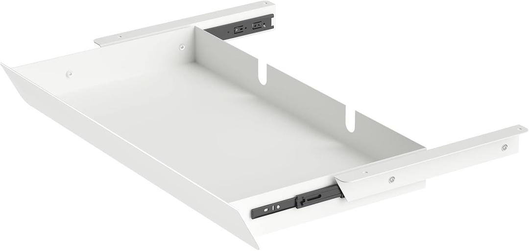 White Large Under Desk Mounted Sliding Drawer with 2 Cable Hole and 60 Degree Tilt Panel to Pull Out, 22.4'' Long & 9.2'' deep Large Storage Organizer for Sit Stand Workstation