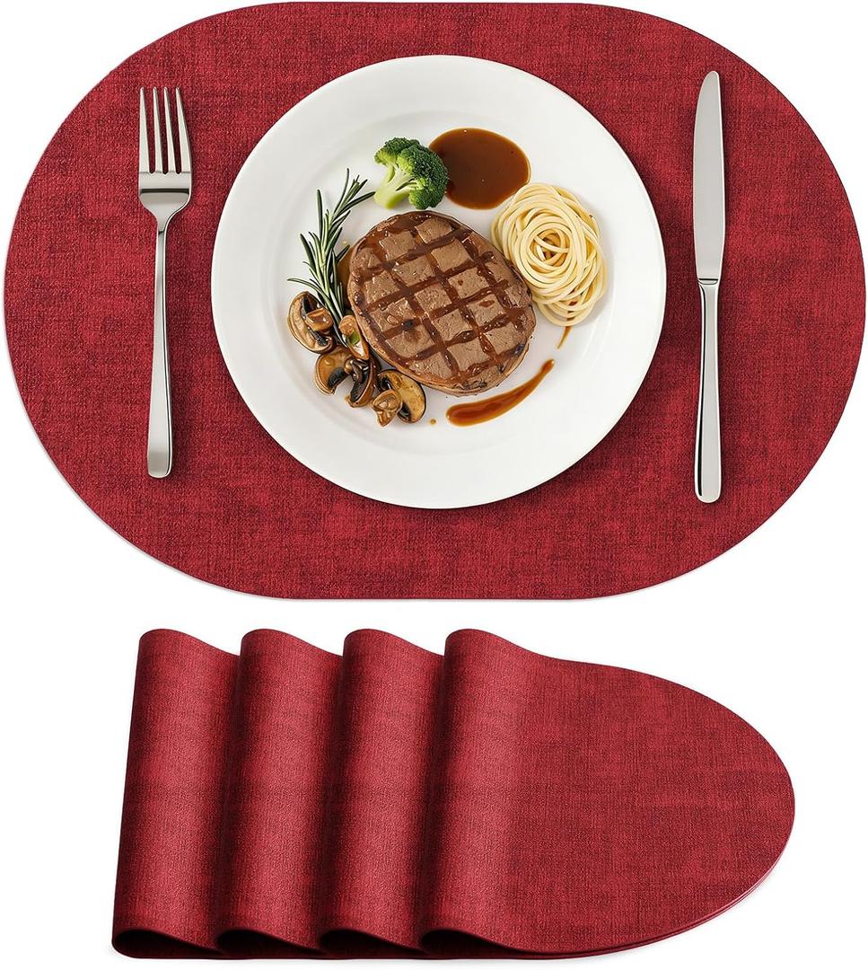 homing Placemats Set of 4, Heat Resistant Oval Faux Leather Place Mats 11.8 x 17 Inch, Waterproof Wipeable Reversible PU Placemat for Kitchen Dining Table, Indoor & Outdoor, Red