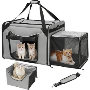 Large Cat Carrier for 2 Cats, 24"x16"x17" Soft Cat Travel Carrier with Litter Box, Expandable Cat Carrier for Car Travel Long Distance, Up to 55 lbs