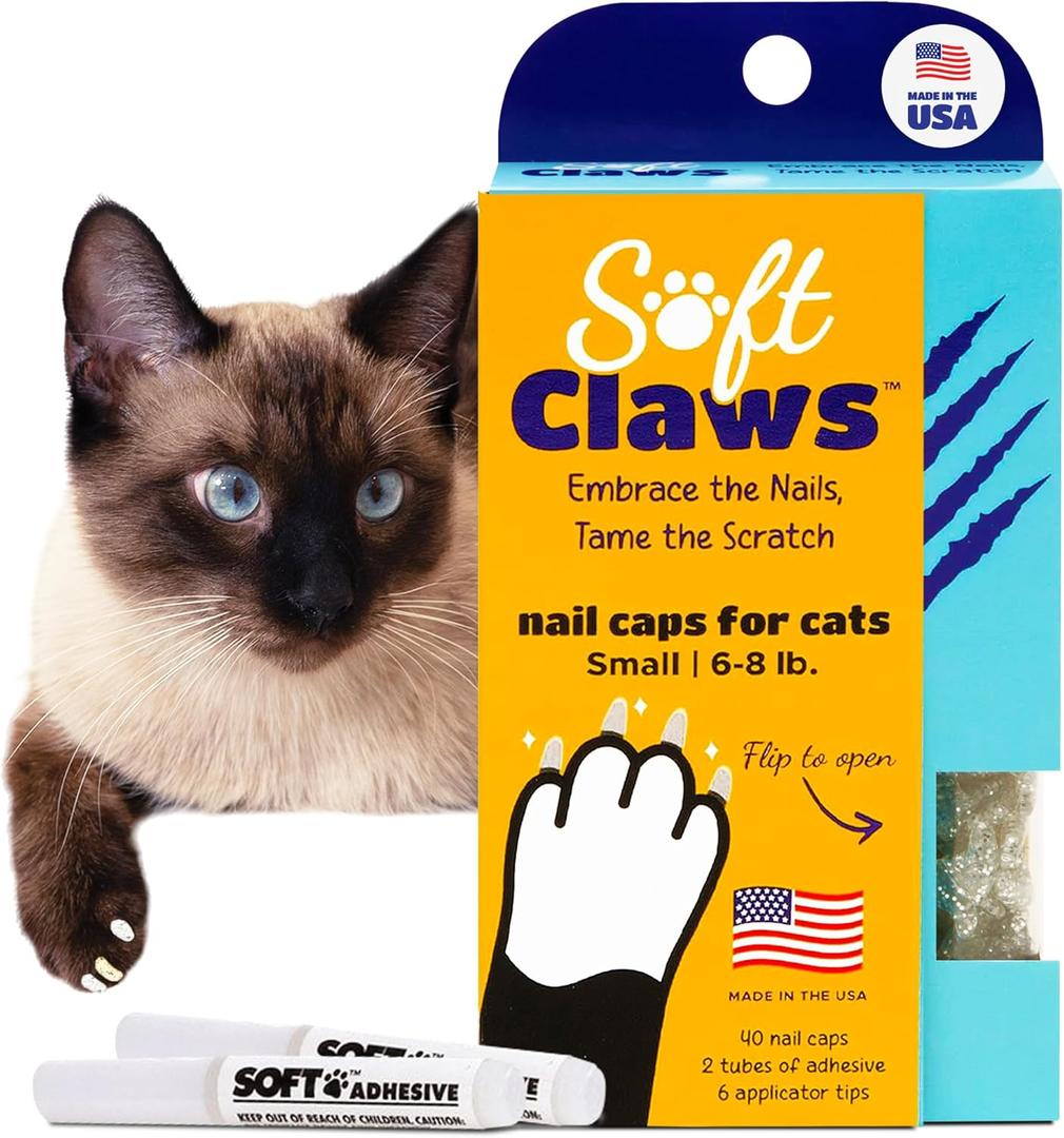 Soft Claws Cat Nail Caps for Small Cats(40 Caps, Silver Sparkle)-Made in USA-Veterinarian-Developed, Non-Toxic| Protects Furniture & Skin-Easy to Apply, Long-Lasting Anti-Scratch Soft Cat Claw Covers