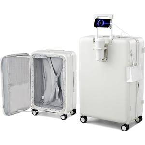 Hanke Expandable 28 Inch Luggage with Spinner Wheels Top Opening Travel Luggage Hard Shell Rolling Suitcases Large Lightweight Checked Luggage with Cup Holder(Smoke White)