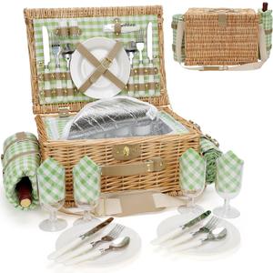 Picnic Basket for 4, Insulated Willow Picnic Baskets with Shoulder Strap, Picnic Hamper with Waterproof Picnic Blanket, Handmade Wicker Hamper for Outdoor Camping, GreenCheck