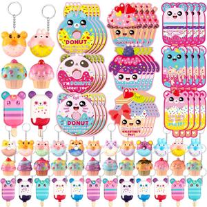 Quelay 36 Sets Valentines Day Cards for Kids Classroom with Scented Dessert Keychains Cute Toys Stress Relief Keychains Exchange Gift Prizes Party Favors for Boys Girls(Dessert)