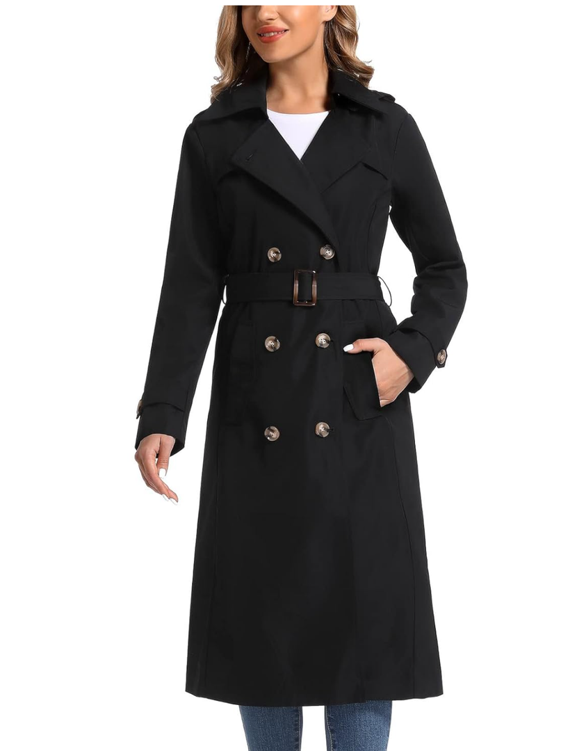 London Fog Women's Single Breasted Long Trench Coat with Epaulettes and Belt, Black, Large