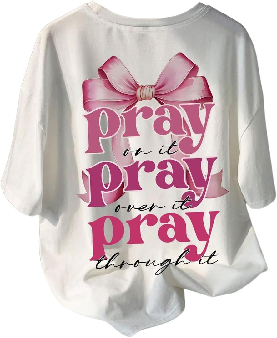 RoseSeek Girl's Bowknot Letter Graphic Tee Round Neck Short Sleeve Cute Tops Loose T Shirt