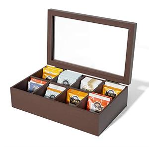Alsonerbay Wooden Tea Box Tea Bag Holder Kitchen Storage Chest Box for Spice Pouches and Sugar Packets with 8 Compartments and Glass Window Walnut