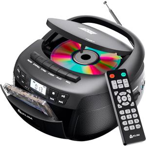 KLIM CD + Cassette Tape Player, Bluetooth CD Boombox, AM/FM Radio, Stereo Sound, Remote, CD and Cassette Player Combo, Tape Recording, USB Drive, AUX (Black)