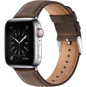 SUNFWR Leather Bands Compatible with Apple Watch Band 42mm(Series 3 2 1) 44mm 45mm 46mm 49mm for Men Women, Top Grain Genuine Leather Replacement Strap for iWatch Ultra 3 2 1, SE3 2 1, Series 11 10 9 8 7 6 5 4 3 2 1 (Coffee/Silver)