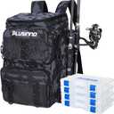 PLUSINNO Fishing Backpack with Rod Holders Tackle Box, 42L Large Water-resistant Fishing Tackle Bag Store Fishing Gear