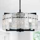Modern Black Crystal Chandeliers for Dining Room, Luxury Water Ripple Glass Light Fixture, Elegant Farmhouse Round Lighting for Kitchen Island, Bar Table, D20, Medium