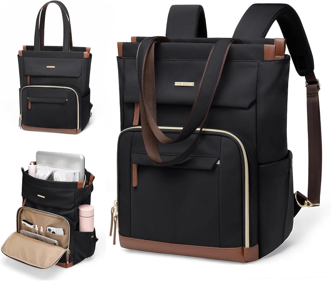 Convertible Daypack Laptop Backpack for Women Men Carry on Tote Backpack Bookbag for College Work Nurse Travel,16Inch,Black