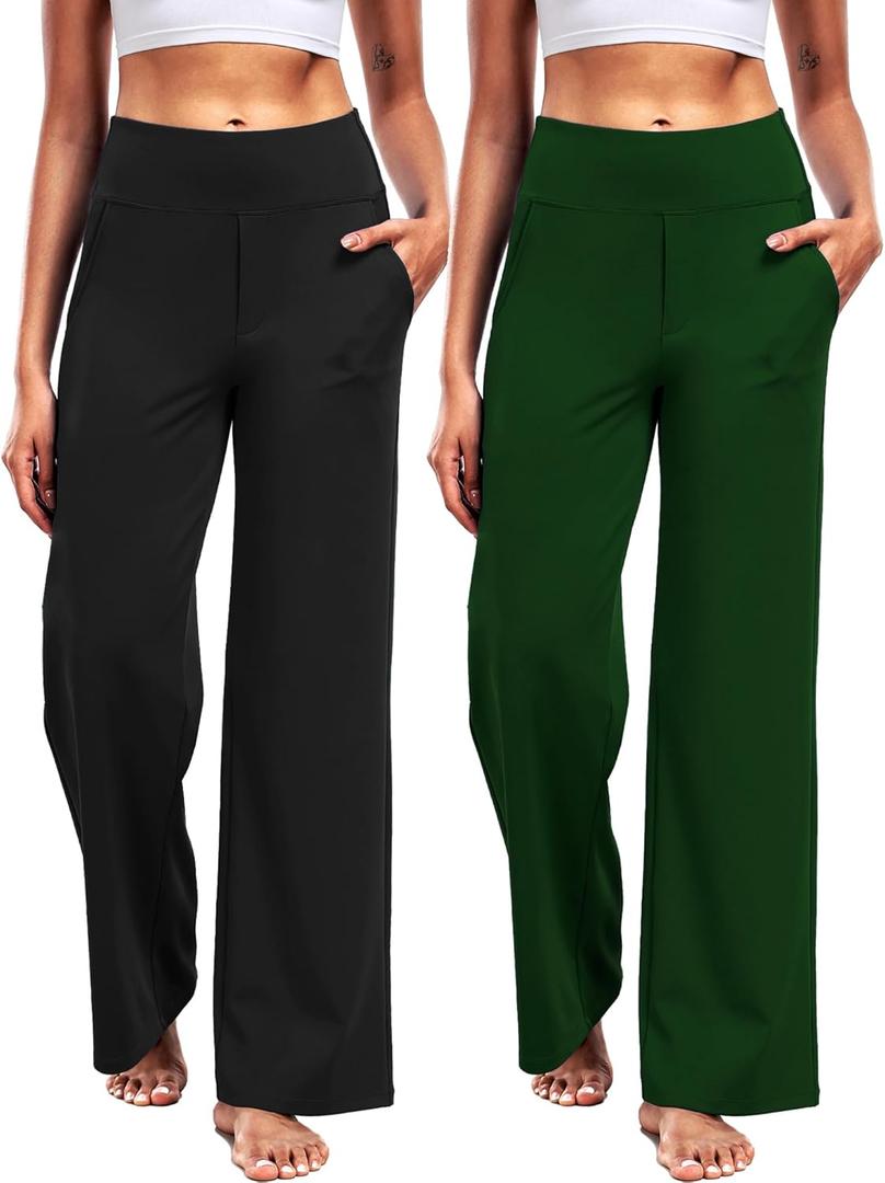 CADMUS Wide Leg Pants for Women Yoga Work Pants with Pockets High Waist Lounge Sweatpants Dress Pants 29",Black,Green,2XL